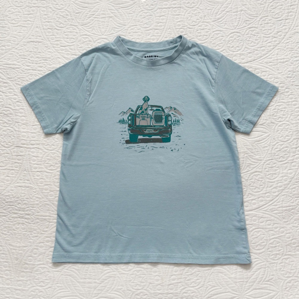 YETI Kids' Pup In A Truck Short Sleeve T-Shirt, Sky Blue Sz L